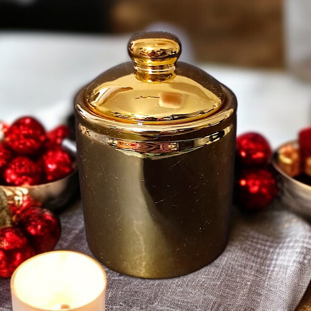 RH Macy‎ Gold Painted Sugar Bowl Lidded Vintage 80s Holiday Ceramic Porcelain